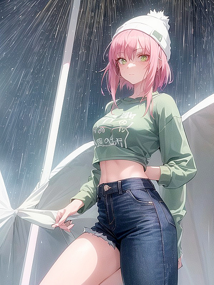 Freckled Beauty in Green Clothes Wears Oversized Hoodie for Steamy Hentai AI Image
