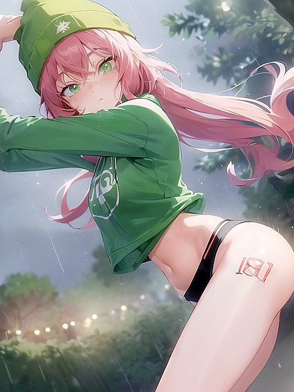 Freckled Cutie in Green Clothes and Oversized Hoodie Gets naughty in Hentai AI Image