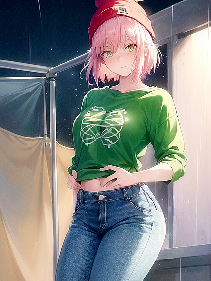 Freckled beauty in extra large green hoodie indulges in naughty hentai fantasies