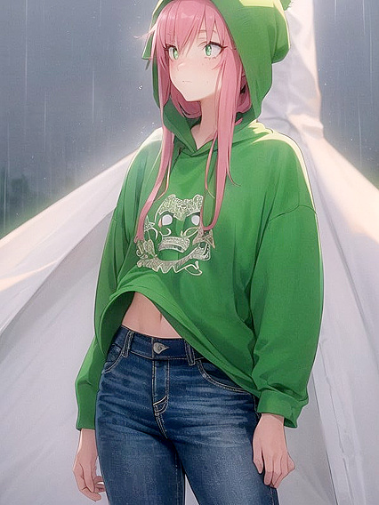 Freckled Beauty in Green Clothes Wrapped in an XL Hoodie for Steamy Hentai AI Image