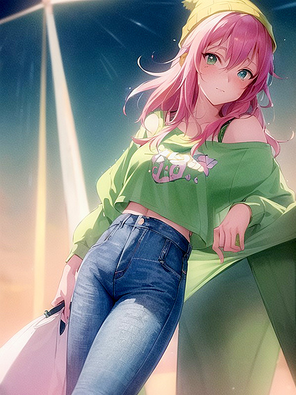 Freckled beauty in extra large hoodie and green clothes enjoys wild hentai pleasure
