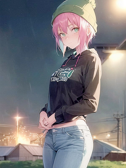 Freckled Beauty in Oversized Hoodie and Green Outfit Seduces in Hentai AI Image