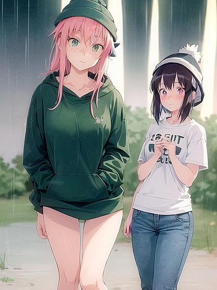 Freckled Beauty in Green Clothes and Oversized Hoodie for Steamy Hentai AI Image