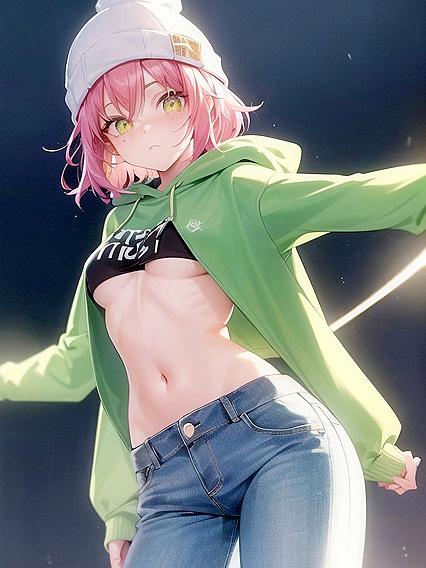 Freckled Girl 18+ in Green Clothes Wears Oversized Hoodie for Steamy Hentai AI Image
