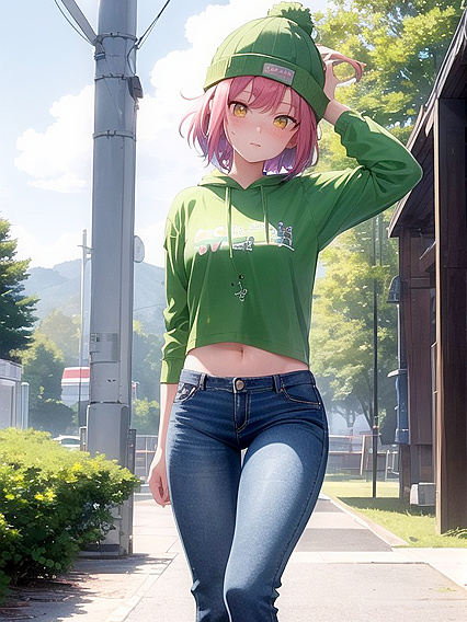 Freckled Beauty in Oversized Hoodie and Green Outfit Sizzles in Hentai AI Image