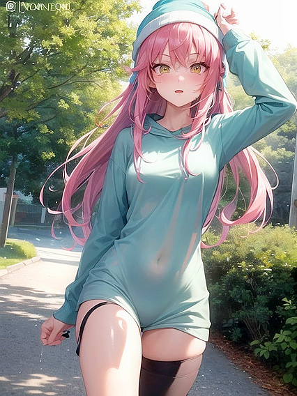 Freckled Beauty in a Oversized Hoodie and Green Outfit for Steamy Hentai AI Image
