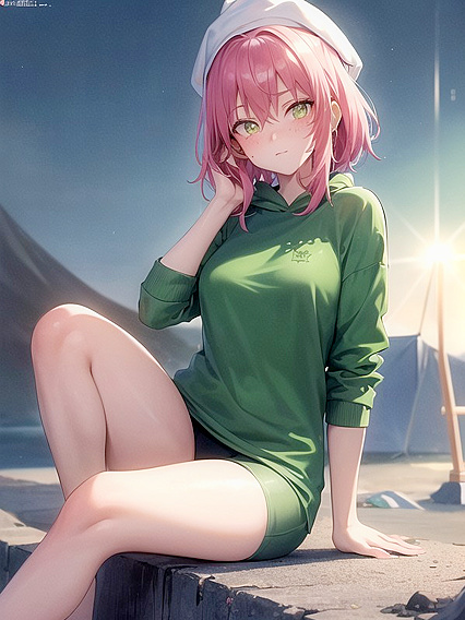 Freckled Girl 18+ in Green Clothes Wears an Oversized Hoodie for Hot Hentai AI Image
