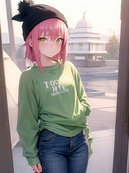 Freckled Beauty in Green Clothes and Extra Large Hoodie for Steamy Hentai AI Image