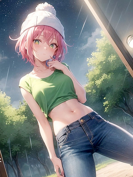 Freckled beauty in a large hoodie and green clothes for steamy Hentai AI Image