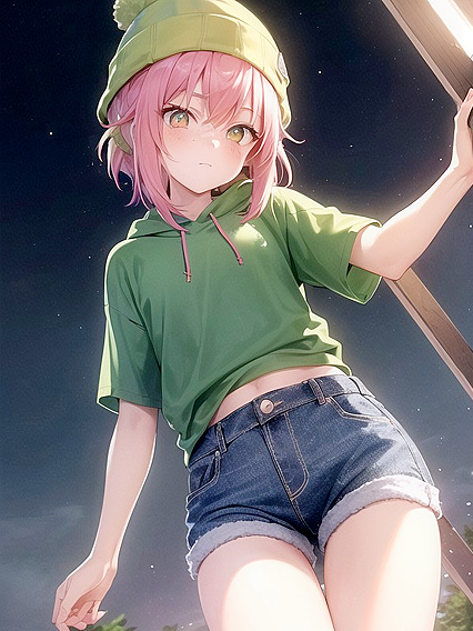 Freckled Beauty in Green Clothing and Extra Large Hoodie Enjoying Hentai Pleasure