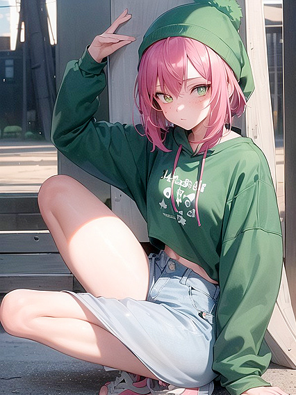 Freckled Girl 18+ in Green Clothing Wears XL Hoodie for Steamy Hentai AI Image
