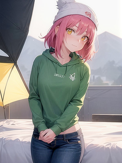 Freckled Beauty in Green Clothing and Oversized Hoodie for Steamy Hentai AI Image