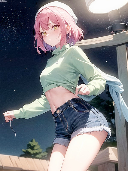 Freckled Beauty in Green Hoodie Seduces with Busty Hentai AI Image
