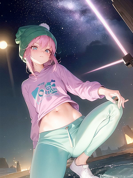 Freckled Girl 18+ in Green Clothes Wears Oversized Hoodie for Steamy Hentai AI Image