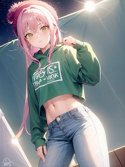 Freckled Girl 18+ in Green Clothing Wears XL Hoodie for Steamy Hentai AI Image