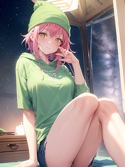 Freckled Girl 18+ in Green Clothes Wears Oversized Hoodie for Steamy Hentai AI Image