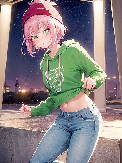 Freckled Girl 18+ in Green Clothes and Oversized Hoodie Enjoying hentai Pleasure