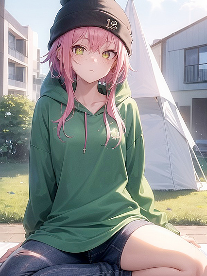 Freckled Girl 18+ in Green Clothing and Extra Large Hoodie Enjoying hentai Pleasures