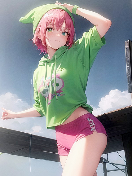 Freckled Beauty in Green Clothes and Oversized Hoodie -Hentai Pleasure Unleashed
