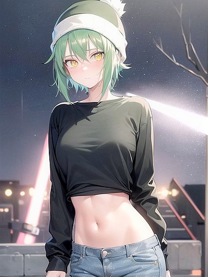 Freckled Beauty in Green Clothes Wears Oversized Hoodie for Horny Hentai AI Image