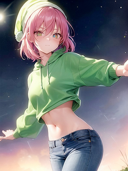 Freckled beauty in extra large hoodie and green clothes enjoys wild hentai pleasure
