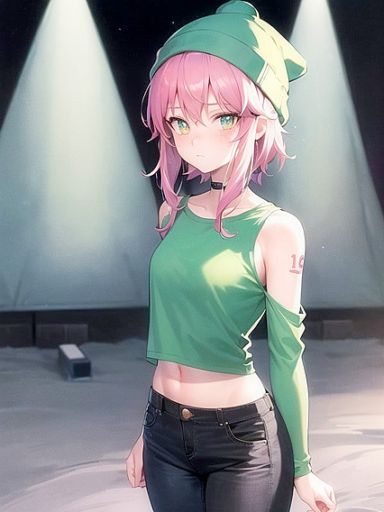 Freckled Girl 18+ in Green Clothes Wears Oversized Hoodie for Horny Hentai AI Image