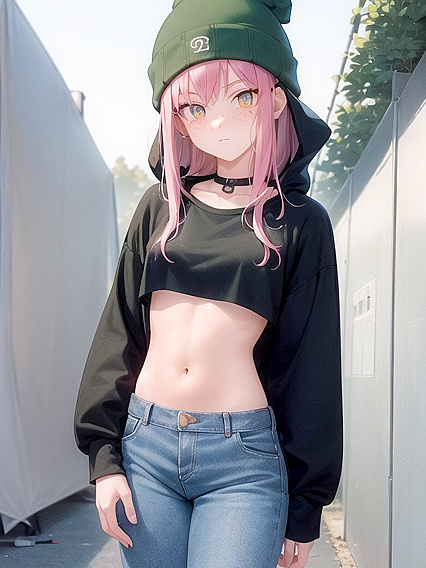 Freckled Beauty in Oversized Green Hoodie -Hentai AI Image Delight