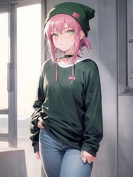 Freckled Girl 18+ in Green Clothes and XL Hoodie Takes On Hentai AI Image