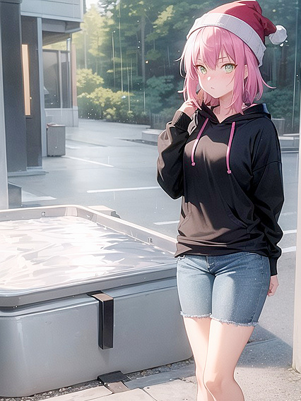 Freckled Girl 18+ in Green Clothes Wrapped in an Oversized Hoodie for Steamy Hentai AI Image
