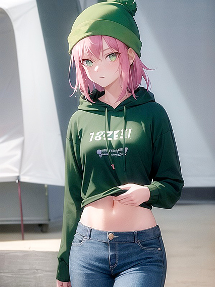 Freckled Beauty in Oversized Green Hoodie for Steamy Hentai AI Image