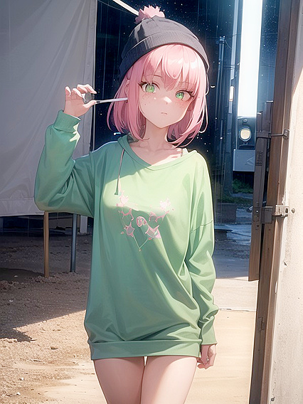 Freckled Girl 18+ in Green Clothes and Oversized Hoodie Enjoying hentai Pleasure