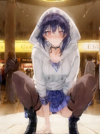 Mini Skirt and Stockings squatting Action in Steamy Hentai AI Image