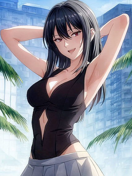 Arms Raised in Ecstasy - Pastel Styled Black-Haired Beauty in Hentai Bliss