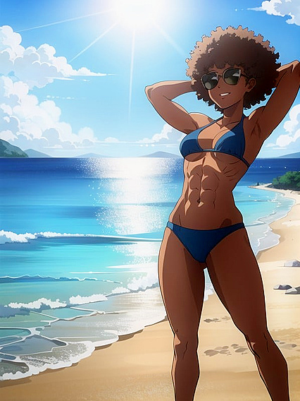 Muscular Guy Shows Off on the Beach with Arms Up in Horny Hentai AI Image