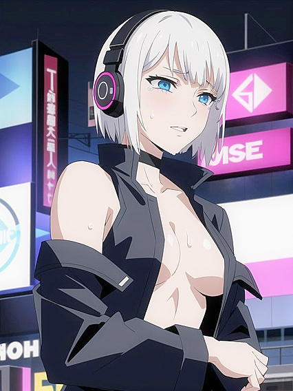 Pale-Skinned Beauty with Bobcut Explores Cyberpunk City in Steamy Hentai AI Image