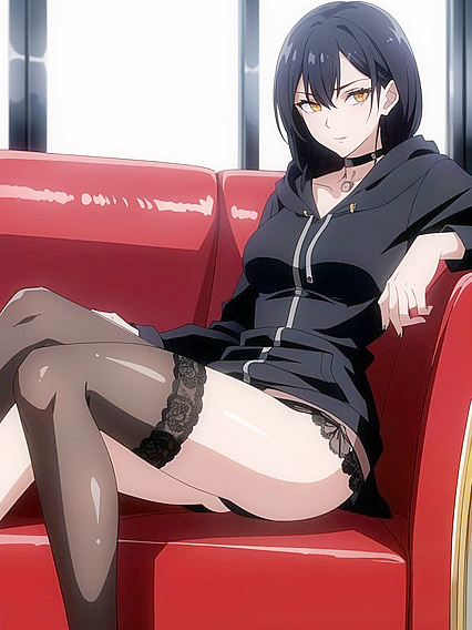 Seductive Black-Haired Babe in Stockings and Choker for Steamy Hentai Pleasure
