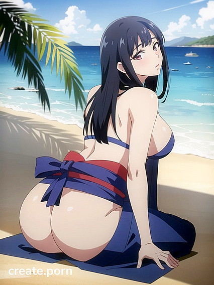 Beachside Bliss - Massive Breasts and Raven Hair in Seductive Hentai AI Image
