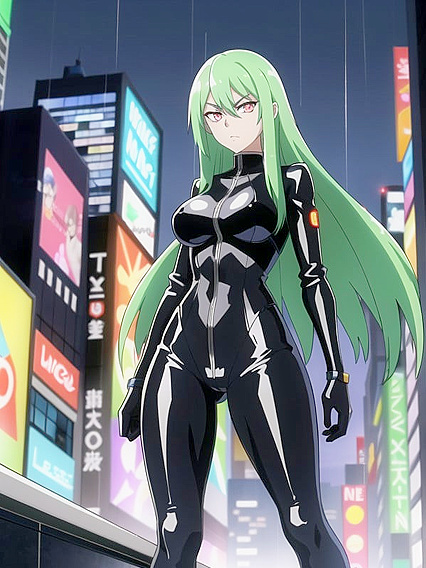 Fit Girl 18+ in Tight Green Bodysuit Takes on Steamy Hentai AI Image