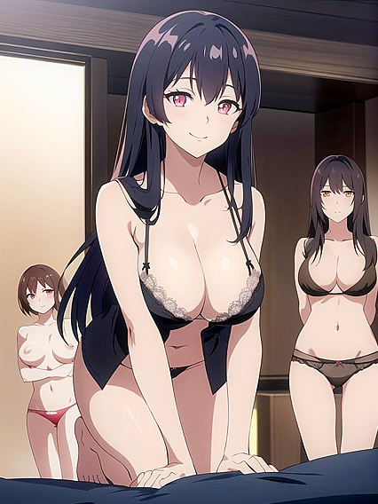Happy Moments with Sexy Underwear and Sultry Decolletage in Hentai AI Image