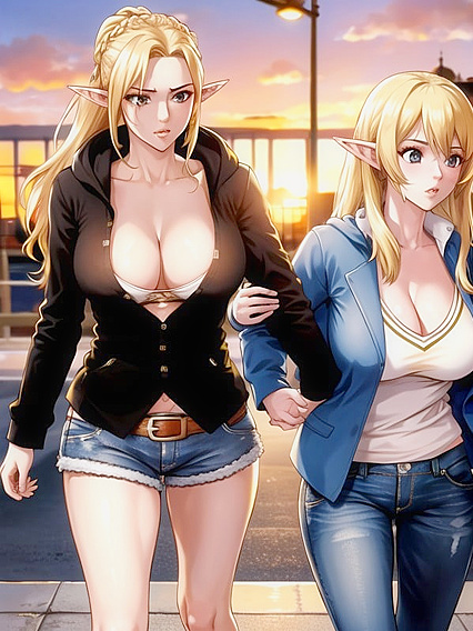 Girl 18+ in Jeans Shorts and Unbuttoned Hoodie Exploring Hentai Pleasure