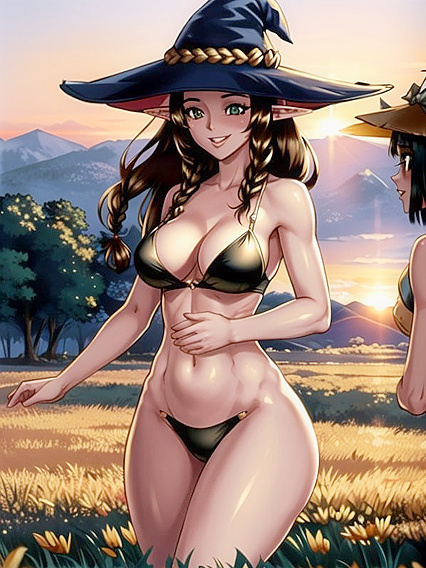 Braided Elf with Pointy Ears Teasing Her Decolletage in Erotic Hentai AI Image