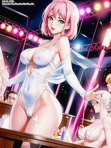 Pale-Skinned Beauty Shows Off Cleavage Amidst a Crowd in Steaming Hentai AI Image