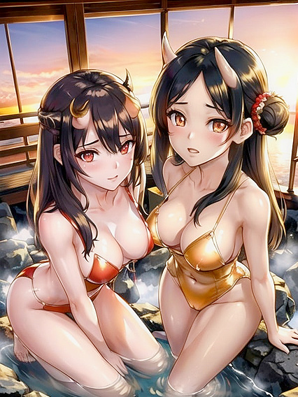 Sunset Silhouettes - Busty Beauty with Black Hair in Seductive Hentai AI Image