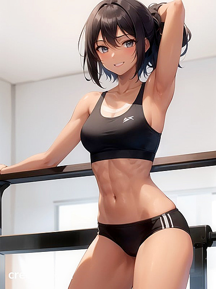 Gym Session with Arms Up Revealing Sexy Tan Lines in Steaming Hentai AI Image