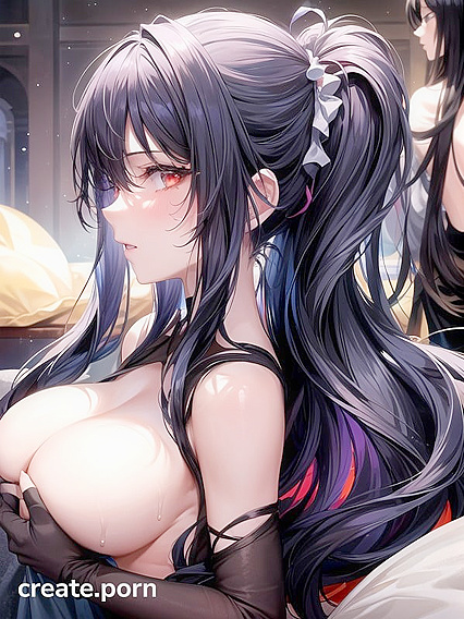 Horny Black-Haired Girl 18+ with Glowing Eyes in Seductive Hentai AI Image