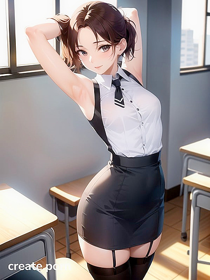 Skinny Girl 18+ with Small Breasts Wearing Nylon Stockings in Sexy Hentai AI Image