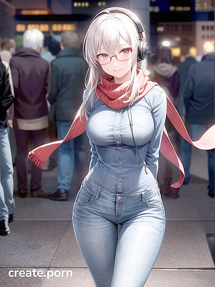 Glasses-Wearing Babe with Rounded Breasts Teased in Tight Jeans Hentai AI Image