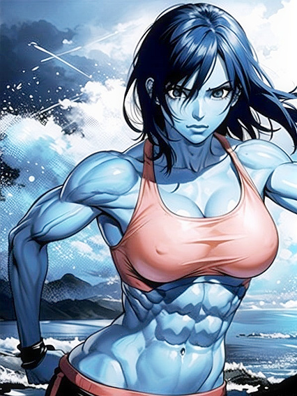 Muscular Blue-Skinned God Flexes His Power in Steamy Manga Hentai AI Image