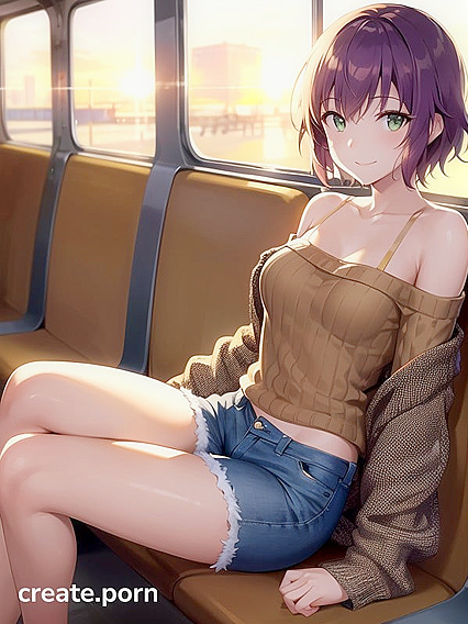 Off-Shoulder Purple Top and Skinny Jeans in Seductive Hentai AI Image