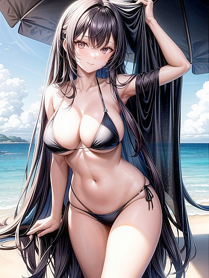 Beachside Bliss - Black-Haired Beauty in Seductive Wallpaper Hentai AI Image